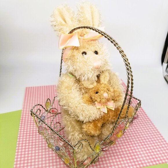 STUFFED MOM & BABY BUNNIES, VINTAGE 12" WITH JEWELED WIRE BASKET, LIKE NEW - Picture 1 of 8